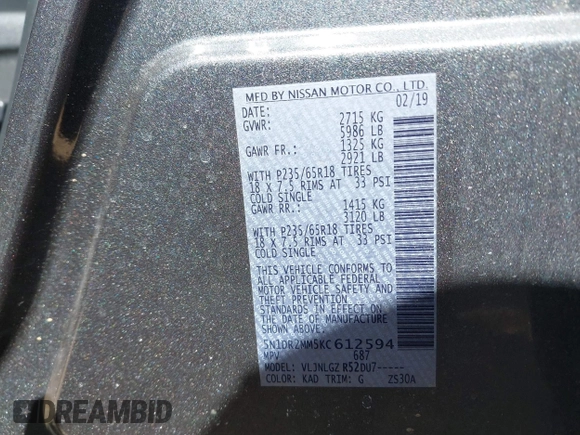 2019 Nissan Pathfinder SV z VIN 5N1DR2MM5KC612594, wystawiony jako IAAI lot #41602287 z przebiegiem 53 240 mil mil oraz . Historia ofert i sprzedaży dostępna na DreamBid. Obrazek 9.