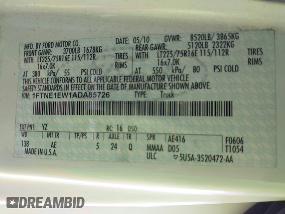 2010 Ford Econoline Cargo Commercial with VIN 1FTNE1EW1ADA85726, listed as a IAAI auction lot 42538335 with 277,162 mi miles and . Bid and sale history available at DreamBid. Image 9.