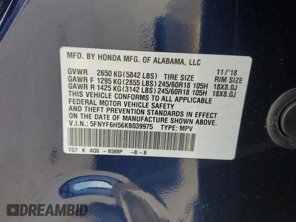2019 Honda Pilot EX-L with VIN 5FNYF6H56KB039975, listed as a Copart auction lot 58671625 with Not provided miles and Salvage title. Bid and sale history available at DreamBid. Image 14.