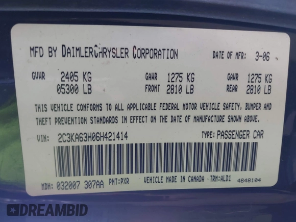 2006 Chrysler 300 C with VIN 2C3KA63H06H421414, listed as a IAAI auction lot 42144274 with 118,692 mi miles. Bid and sale history available at carsss.com. Image 9.