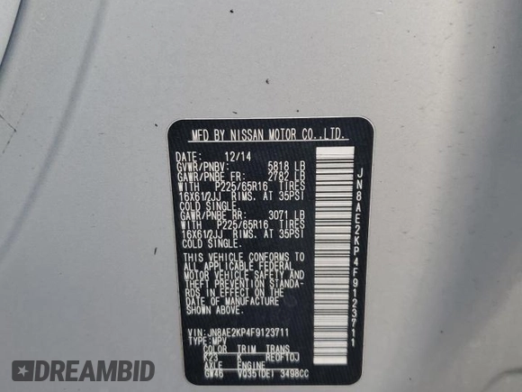 2015 Nissan Quest S with VIN JN8AE2KP4F9123711, listed as a Copart auction lot 73862824 with 0 mi miles and Salvage Title. Bid and sale history available at carsss.com. Image 13.