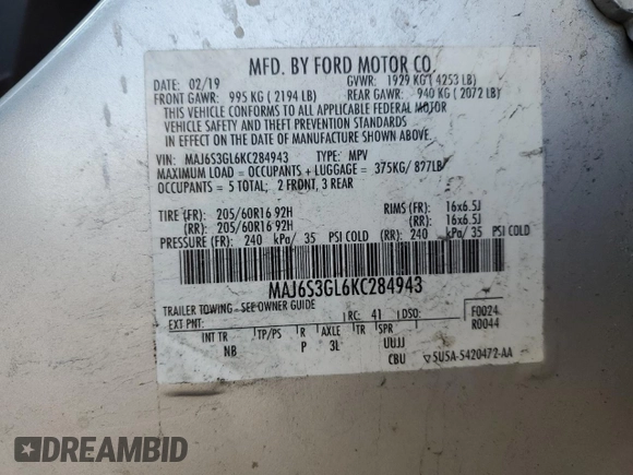 2019 Ford EcoSport SE with VIN MAJ6S3GL6KC284943, listed as a Copart auction lot 49654515 with 90,966 mi miles and Salvage Title. Bid and sale history available at DreamBid. Image 14.