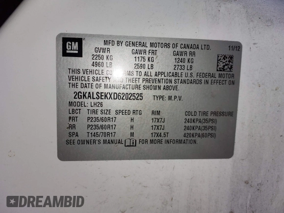 2013 GMC Terrain SLE with VIN 2GKALSEKXD6202525, listed as a IAAI auction lot 42199713 with 171,120 mi miles and . Bid and sale history available at DreamBid. Image 9.