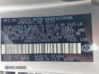 2021 Lexus ES 300h with VIN 58ACA1C1XMU007576, listed as a IAAI auction lot 42302934 with 24,614 mi miles and . Bid and sale history available at DreamBid. Image 9.