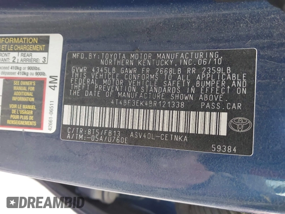 2011 Toyota Camry LE with VIN 4T4BF3EK4BR121338, listed as a IAAI auction lot 41967047 with 160,000 mi miles. Bid and sale history available at carsss.com. Image 9.