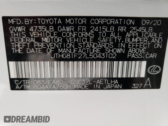 2020 Lexus IS 300 F Sport with VIN JTHG81F27L5043102, listed as a Copart auction lot 48204005 with 20,626 mi miles and Clean title. Bid and sale history available at DreamBid. Image 12.
