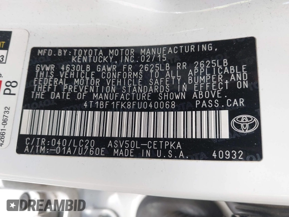 2015 Toyota Camry XLE with VIN 4T1BF1FK8FU040068, listed as a IAAI auction lot 40521641 with 25,156 mi miles and . Bid and sale history available at DreamBid. Image 9.