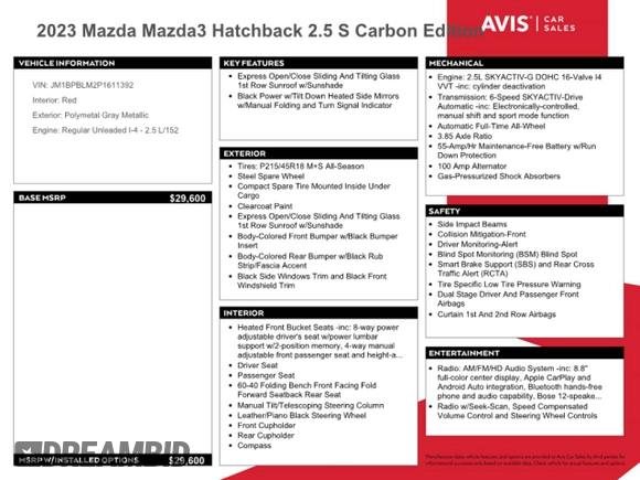 2023 Mazda 3 S Carbon Edition с VIN JM1BPBLM2P1611392, выставлен на аукционе Copart как лот 56292325 с пробегом 28 659 миль миль и На запчасти • Non repairable. История ставок и продаж доступна на DreamBid. Изображение 12.