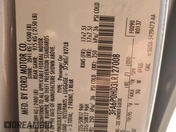 2020 Ford Fusion SE with VIN 3FA6P0HD3LR127008, listed as a Copart auction lot 54830665 with 122,179 mi miles and Salvage title. Bid and sale history available at DreamBid. Image 12.
