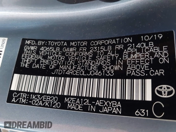2020 Toyota Corolla XSE with VIN JTDT4RCE0LJ046133, listed as a IAAI auction lot 41306834 with 80,801 mi miles. Bid and sale history available at carsss.com. Image 9.