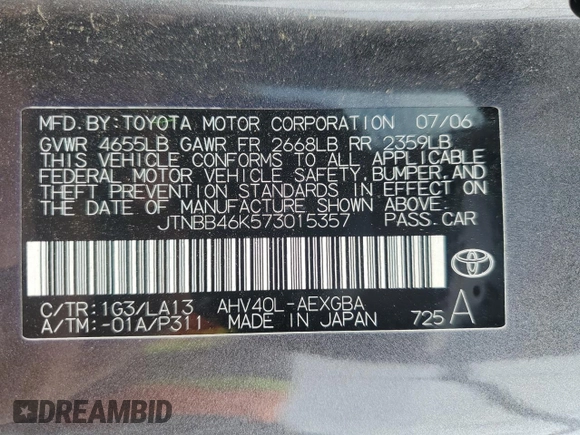 2007 Toyota Camry с VIN JTNBB46K573015357, выставлен на аукционе Copart как лот 55698805 с пробегом 203 849 миль миль и Списание • Salvage title. История ставок и продаж доступна на DreamBid. Изображение 12.