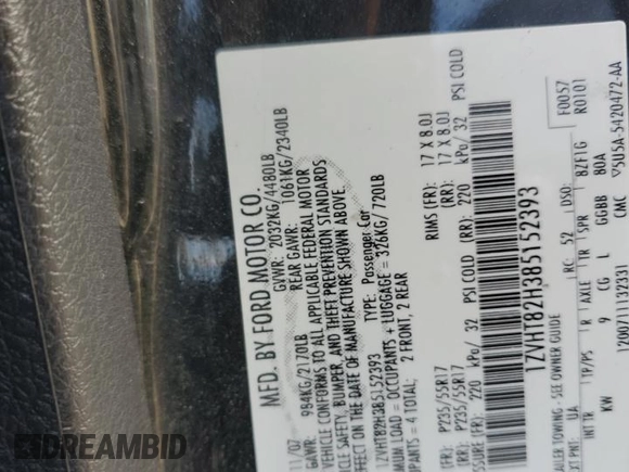 2008 Ford Mustang GT Deluxe with VIN 1ZVHT82H385152393, listed as a Copart auction lot 58991235 with 134,298 mi miles and Salvage title. Bid and sale history available at DreamBid. Image 12.