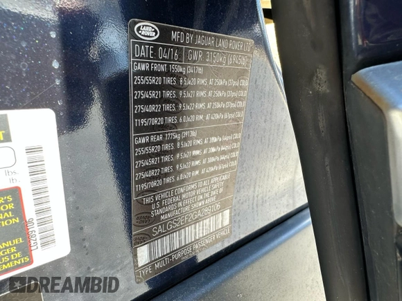 2016 Land Rover Range Rover Supercharged с VIN SALGS2EF2GA289106, выставлен на аукционе Copart как лот 53434215 с пробегом 120 667 миль миль и Чистый • Clean title. История ставок и продаж доступна на DreamBid. Изображение 10.
