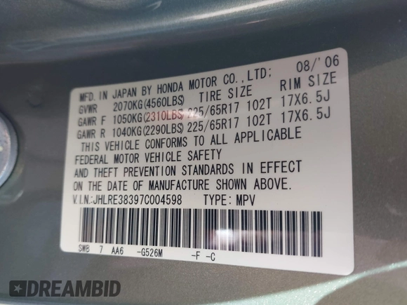 2007 Honda CR-V LX with VIN JHLRE38397C004598, listed as a IAAI auction lot 41301940 with 249,322 mi miles. Bid and sale history available at carsss.com. Image 9.