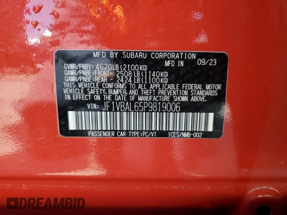 2023 Subaru WRX Limited z VIN JF1VBAL65P9819006, wystawiony jako Copart lot #57825105 z przebiegiem 16 728 mil mil oraz Szkoda całkowita • Salvage title. Historia ofert i sprzedaży dostępna na DreamBid. Obrazek 12.