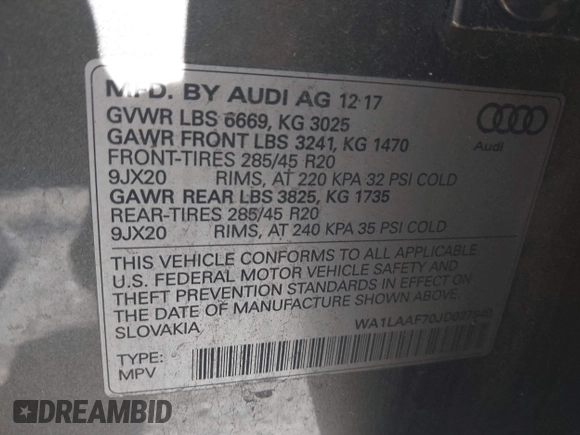 2018 Audi Q7 Premium Plus with VIN WA1LAAF70JD027840, listed as a IAAI auction lot 41695181 with 71,693 mi miles. Bid and sale history available at carsss.com. Image 9.