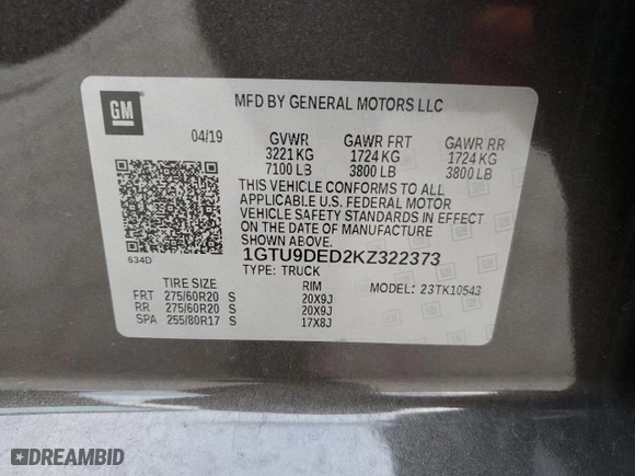 2019 GMC Sierra 1500 SLT with VIN 1GTU9DED2KZ322373, listed as a Copart auction lot 45382825 with 74,890 mi miles and Salvage Title. Bid and sale history available at carsss.com. Image 13.