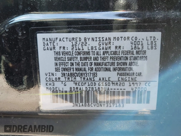 2022 Nissan Sentra SV z VIN 3N1AB8CV0NY317183, wystawiony jako IAAI lot #41701565 z przebiegiem 54 913 mil mil oraz . Historia ofert i sprzedaży dostępna na DreamBid. Obrazek 9.
