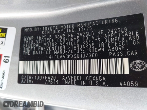 2025 Toyota Camry LE z VIN 4T1DAACKXSU137360, wystawiony jako IAAI lot #42245564 z przebiegiem 1 247 mil mil oraz . Historia ofert i sprzedaży dostępna na DreamBid. Obrazek 9.