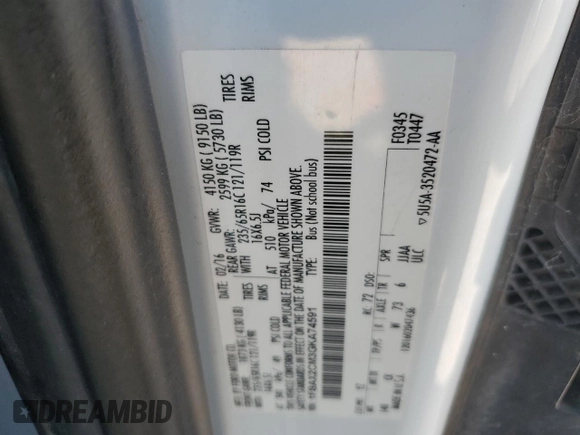2016 Ford Transit XL with VIN 1FBAX2CM3GKA74591, listed as a Copart auction lot 53490744 with 80,039 mi miles and Salvage title. Bid and sale history available at DreamBid. Image 12.