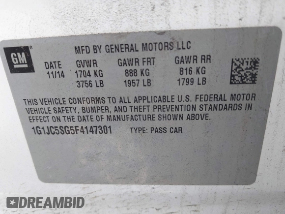2015 Chevrolet Sonic LT z VIN 1G1JC5SG5F4147301, wystawiony jako IAAI lot #41934640 z przebiegiem 68 593 mil mil oraz . Historia ofert i sprzedaży dostępna na DreamBid. Obrazek 9.