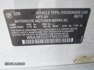 2015 BMW 3 Series 328i xDrive с VIN WBA3B5G51FNS20388, выставлен на аукционе IAAI как лот 42399201 с пробегом 97 349 миль миль и . История ставок и продаж доступна на DreamBid. Изображение 9.