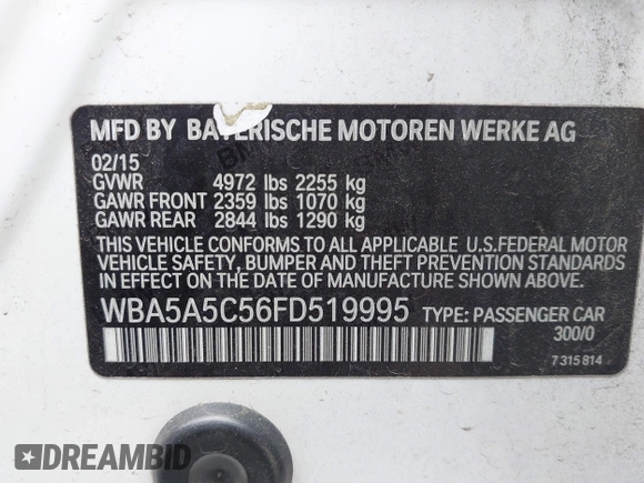 2015 BMW 5 Series 528i z VIN WBA5A5C56FD519995, wystawiony jako IAAI lot #41788365 z przebiegiem 114 306 mil mil oraz . Historia ofert i sprzedaży dostępna na DreamBid. Obrazek 9.