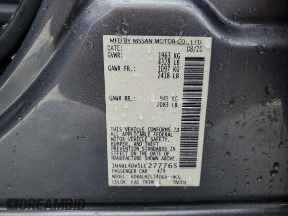 2020 Nissan Altima 2.5 SV with VIN 1N4BL4DV5LC277765, listed as a Copart auction lot 52359605 with 101,210 mi miles and Non Repairable. Bid and sale history available at carsss.com. Image 12.