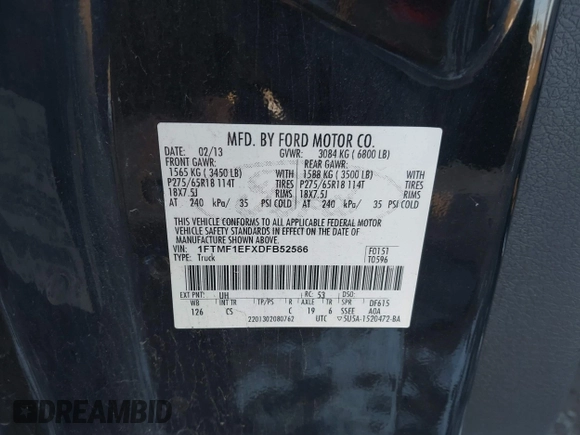 2013 Ford F-150 XL with VIN 1FTMF1EFXDFB52566, listed as a IAAI auction lot 41428547 with 156,611 mi miles and . Bid and sale history available at DreamBid. Image 9.