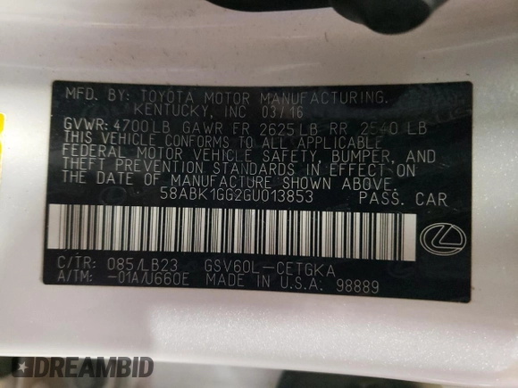 2016 Lexus ES with VIN 58ABK1GG2GU013853, listed as a Copart auction lot 52136365 with 139,050 mi miles and Salvage Title. Bid and sale history available at carsss.com. Image 13.