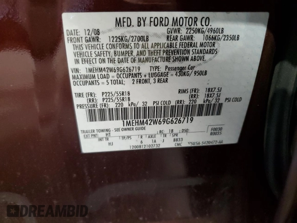 2009 Mercury Sable Premier with VIN 1MEHM42W69G626719, listed as a Copart auction lot 62270835 with 78,193 mi miles and Salvage title. Bid and sale history available at DreamBid. Image 12.