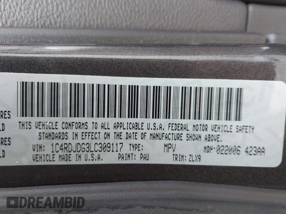 2020 Dodge Durango GT Plus with VIN 1C4RDJDG3LC309117, listed as a IAAI auction lot 41868326 with 72,320 mi miles and . Bid and sale history available at DreamBid. Image 9.