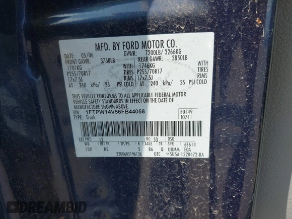 2006 Ford F-150 XLT with VIN 1FTPW14V56FB44058, listed as a IAAI auction lot 42498037 with 175,944 mi miles and . Bid and sale history available at DreamBid. Image 9.