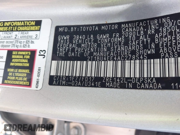 2010 Toyota Corolla with VIN 2T1BU4EE4AC278545, listed as a IAAI auction lot 42646722 with 110,104 mi miles and . Bid and sale history available at DreamBid. Image 9.