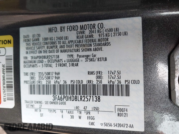 2020 Ford Fusion SE with VIN 3FA6P0HD8LR257138, listed as a IAAI auction lot 41939024 with 101,170 mi miles. Bid and sale history available at carsss.com. Image 9.