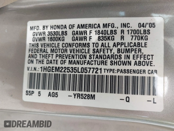 2005 Honda Civic LX with VIN 1HGEM22535L057721, listed as a IAAI auction lot 42257860 with 163,031 mi miles and . Bid and sale history available at DreamBid. Image 9.