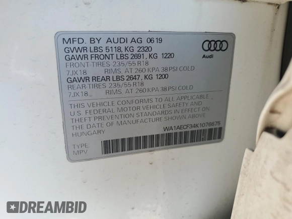 2019 Audi Q3 Premium z VIN WA1AECF34K1076675, wystawiony jako Copart lot #64700065 z przebiegiem 65 725 mil mil oraz Szkoda całkowita • Salvage title. Historia ofert i sprzedaży dostępna na DreamBid. Obrazek 12.