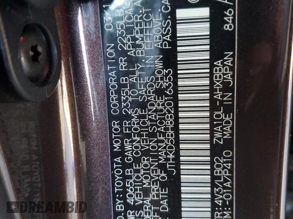 2011 Lexus CT 200h with VIN JTHKD5BH8B2016353, listed as a Copart auction lot 56593395 with 182,156 mi miles and Salvage title. Bid and sale history available at DreamBid. Image 12.