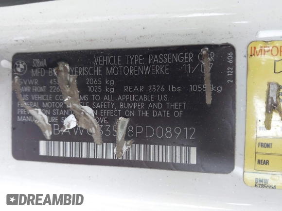 2008 BMW 3 Series 328xi with VIN WBAWC33578PD08912, listed as a IAAI auction lot 41980427 with Not provided miles and . Bid and sale history available at DreamBid. Image 9.