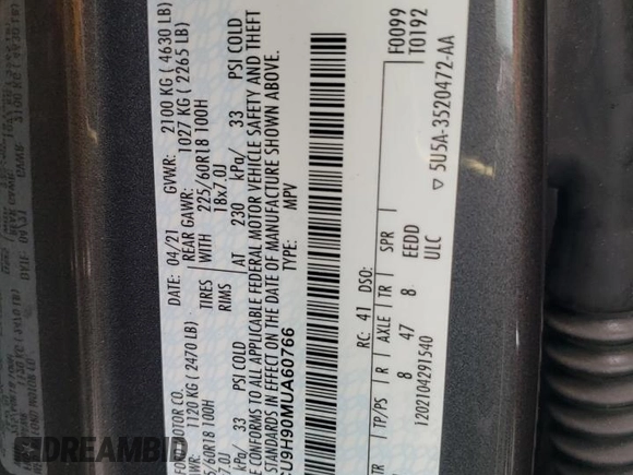 2021 Ford Escape SEL с VIN 1FMCU9H90MUA60766, выставлен на аукционе Copart как лот 56737355 с пробегом 86 183 миль миль и Списание • Salvage title. История ставок и продаж доступна на DreamBid. Изображение 13.