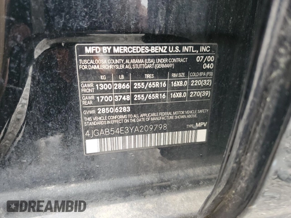 2000 Mercedes-Benz M 320/430/500 z VIN 4JGAB54E3YA209798, wystawiony jako Copart lot #52116575 z przebiegiem Nie podano mil oraz Szkoda całkowita • Salvage title. Historia ofert i sprzedaży dostępna na DreamBid. Obrazek 13.