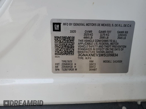 2021 Chevrolet Equinox Premier с VIN 3GNAXNEV1MS109834, выставлен на аукционе Copart как лот 54452205 с пробегом 37 438 миль миль и Списание • Salvage title. История ставок и продаж доступна на DreamBid. Изображение 13.