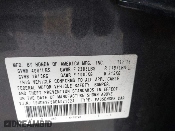 2016 Acura ILX with VIN 19UDE2F38GA021524, listed as a IAAI auction lot 41723974 with 82,415 mi miles and . Bid and sale history available at DreamBid. Image 9.