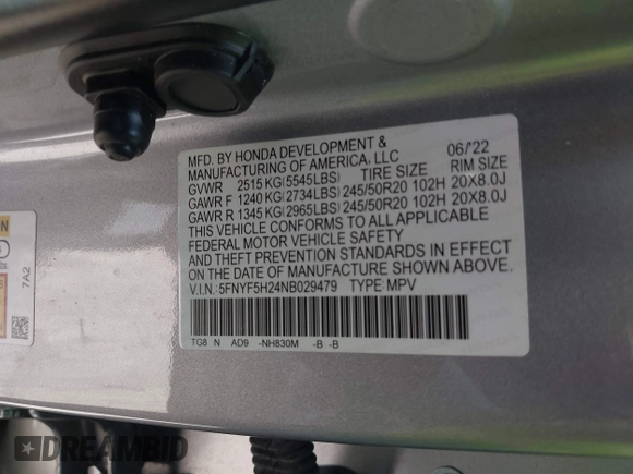 2022 Honda Pilot Special Edition with VIN 5FNYF5H24NB029479, listed as a IAAI auction lot 41504673 with Not Provided miles and . Bid and sale history available at carsss.com. Image 9.