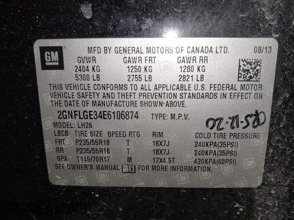 2014 Chevrolet Equinox LT with VIN 2GNFLGE34E6106874, listed as a IAAI auction lot 41506333 with 138,578 mi miles. Bid and sale history available at carsss.com. Image 9.