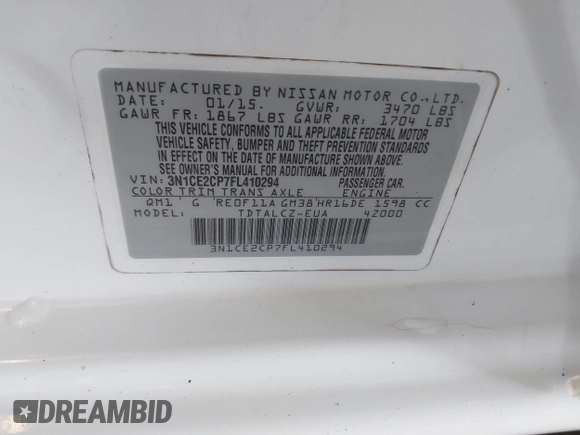 2015 Nissan Note S Plus with VIN 3N1CE2CP7FL410294, listed as a IAAI auction lot 42583328 with 169,390 mi miles and . Bid and sale history available at DreamBid. Image 9.