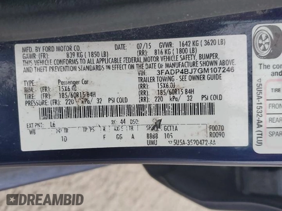 2016 Ford Fiesta SE with VIN 3FADP4BJ7GM107246, listed as a Copart auction lot 46028975 with 156,215 mi miles and Clean Title. Bid and sale history available at DreamBid. Image 15.