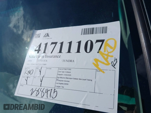 2000 Toyota Tundra SR5 with VIN 5TBRT3417YS122889, listed as a IAAI auction lot 41711107 with 288,475 mi miles and . Bid and sale history available at DreamBid. Image 17.