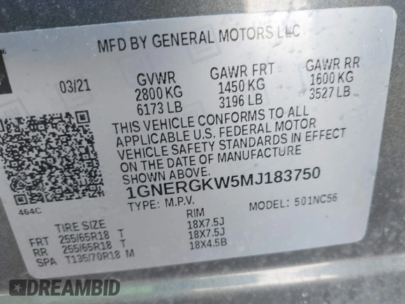 2021 Chevrolet Traverse LT Cloth with VIN 1GNERGKW5MJ183750, listed as a IAAI auction lot 41833143 with 38,685 mi miles. Bid and sale history available at carsss.com. Image 9.