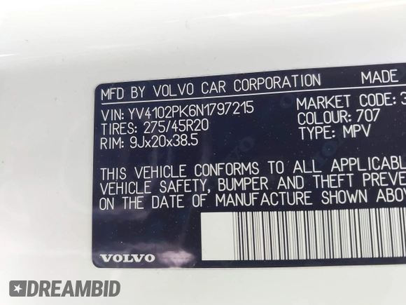 2022 Volvo XC90 Momentum с VIN YV4102PK6N1797215, выставлен на аукционе IAAI как лот 42437890 с пробегом 59 413 миль миль и . История ставок и продаж доступна на DreamBid. Изображение 9.